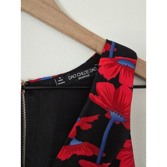 Dao Chloe Dao Black Red Floral Party Dress Size Small Fit & Flare - Picture 3 of 3